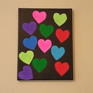 Handpainted Neon Hearts Acrylic Canvas Art 9x12 Colorful Dopamine Wall Decor OE